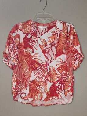 Jane & Delancey Tropical Button-Front Short Sleeve Top Size Large